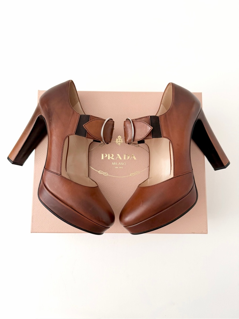 PRADA | Mary Jane Platform Pumps Brown Leather Buckle Block Heels EU 38